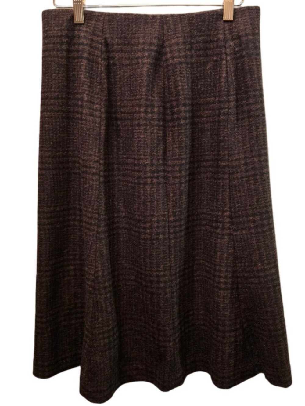 Wool Blend Plaid A-Line Midi Skirt Brown Black Uniqlo Size M Dark Academia